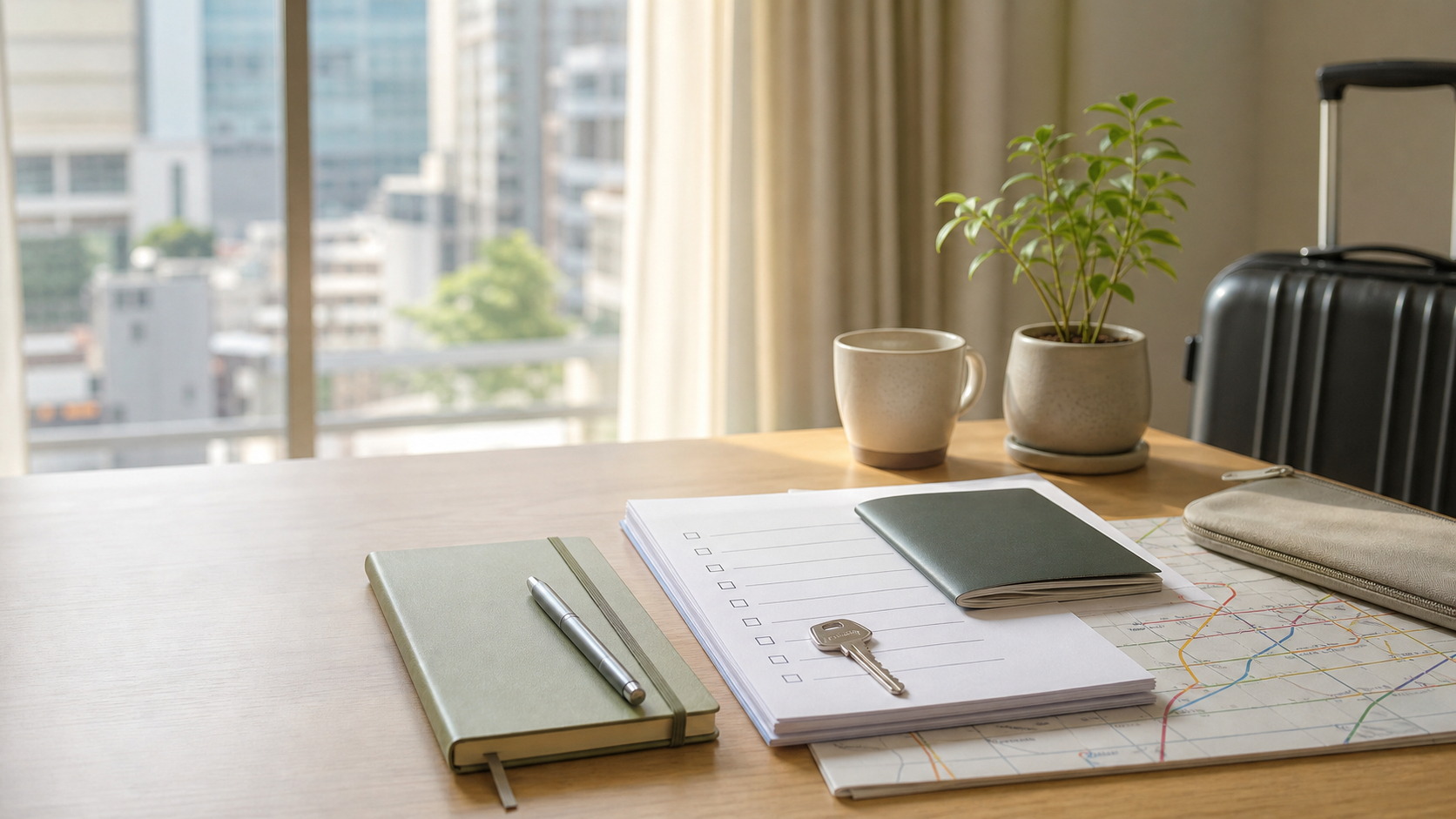 日本への移動準備をするデスク上の書類、ノート、ラップトップ